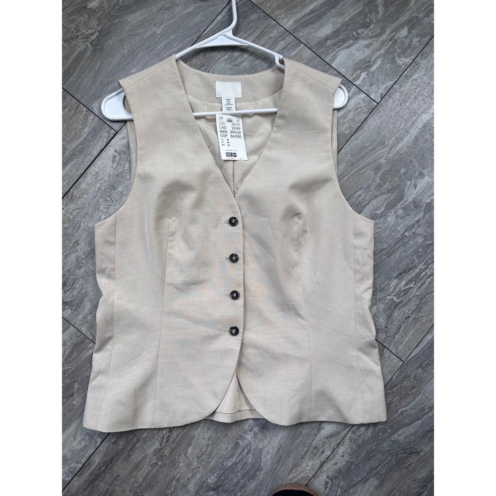 H&M Beige Tailored Button Front Vest Women's Medium NWT Sleeveless - Picture 1 of 6